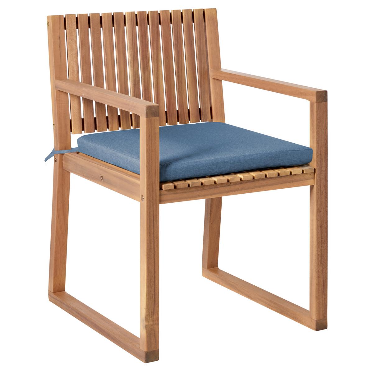 GARTENSTUHL 2er-Set und Sitzkissen zertifiziertes Akazienholz Blau Sassari Premium - Hellbraun, Holz (54/80/59cm) - Beliani