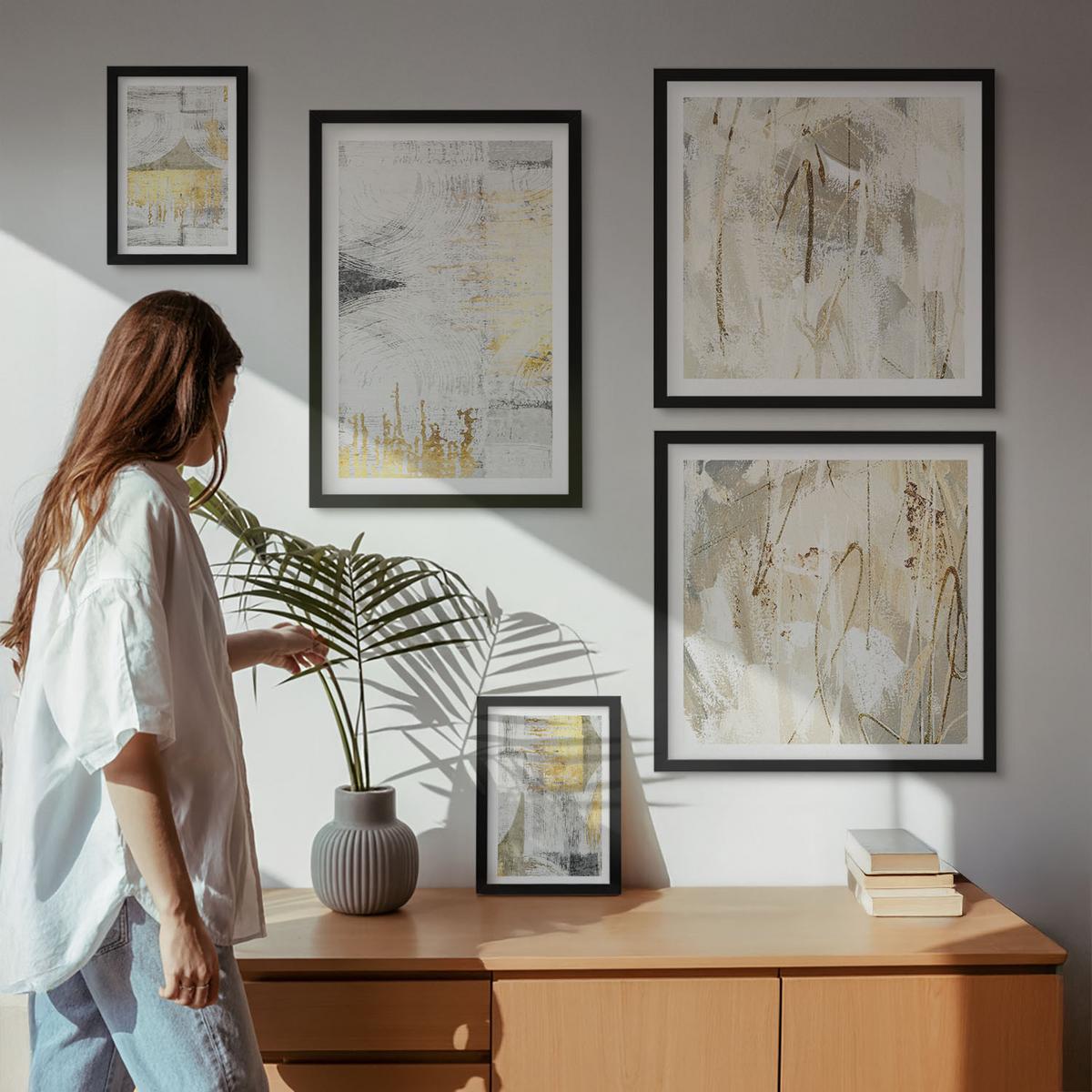 BILDER SET 5er Set - 50x50 cm & 20x30 cm & 40x60 cm Schwarzer Rahmen - Abstrakte minimalistische Muster - Schwarz, Kunststoff (40/60cm) - TULUP