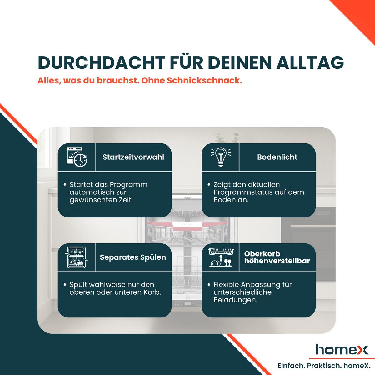GESCHIRRSPÜLER vollintegrierbar 60 cm, Einbau Spülmaschine - 14 Maßgedecke, 8 Programme, AquaStop, Bodenlicht - Silberfarben, Kunststoff/Metall (59.8/81.5/55cm) - homeX