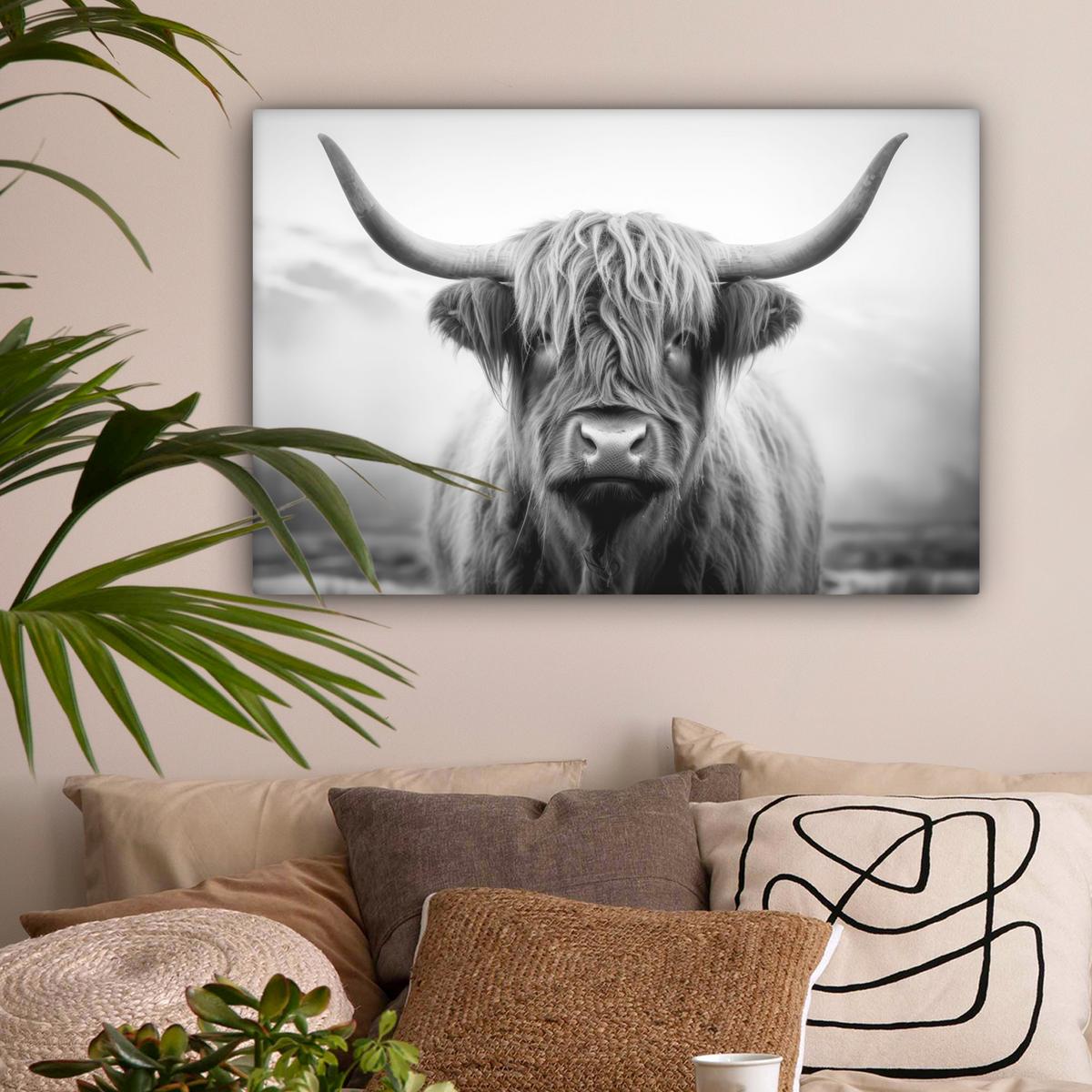 LEINWANDBILD Schottischer Highlander - Nebel - Schwarz - Weiß Gemälde 60x40 cm - Grau, Textil (60/40cm) - MuchoWow