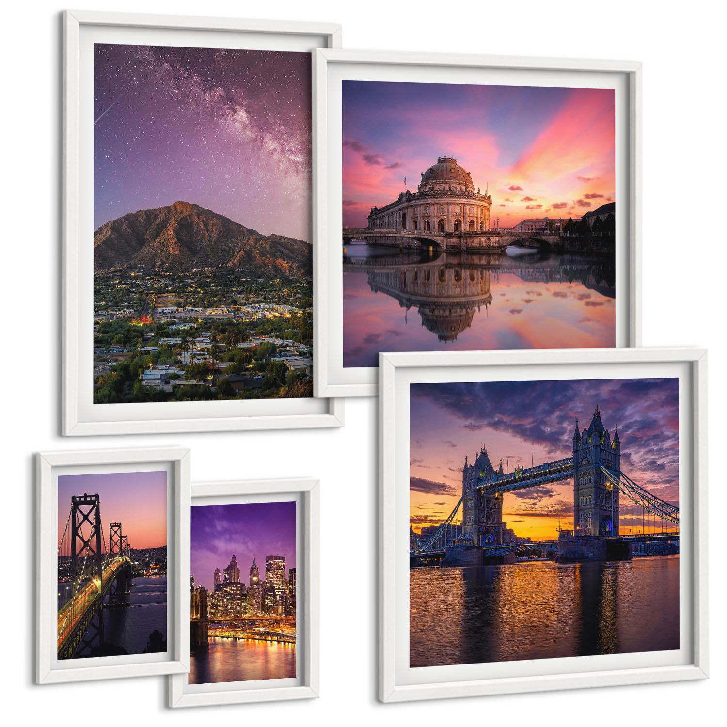 BILDER SET 5er Set - 50x50 cm & 20x30 cm & 40x60 cm Weißer Rahmen - Brücken, Sonne, Stadtblick - Weiß, Kunststoff (40/60cm) - TULUP