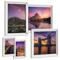 BILDER SET 5er Set - 50x50 cm & 20x30 cm & 40x60 cm Weißer Rahmen - Brücken, Sonne, Stadtblick - Weiß, Kunststoff (40/60cm) - TULUP