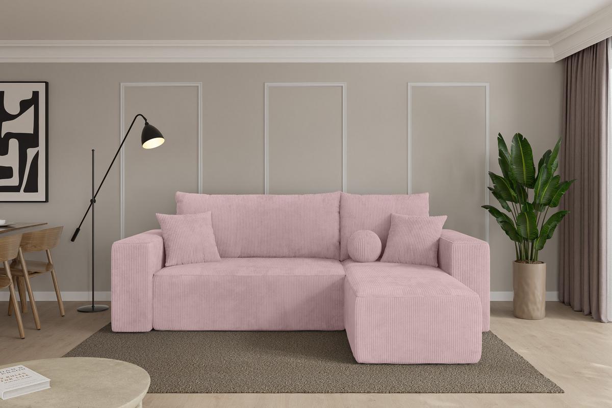 ECKSOFA mit Schlaffunktion Ottomane Rechts SENO-L 249x139x85 Rosa Cord - Schwarz/Rosa, Holzwerkstoff/Kunststoff (249/139cm) - ALTDECOR