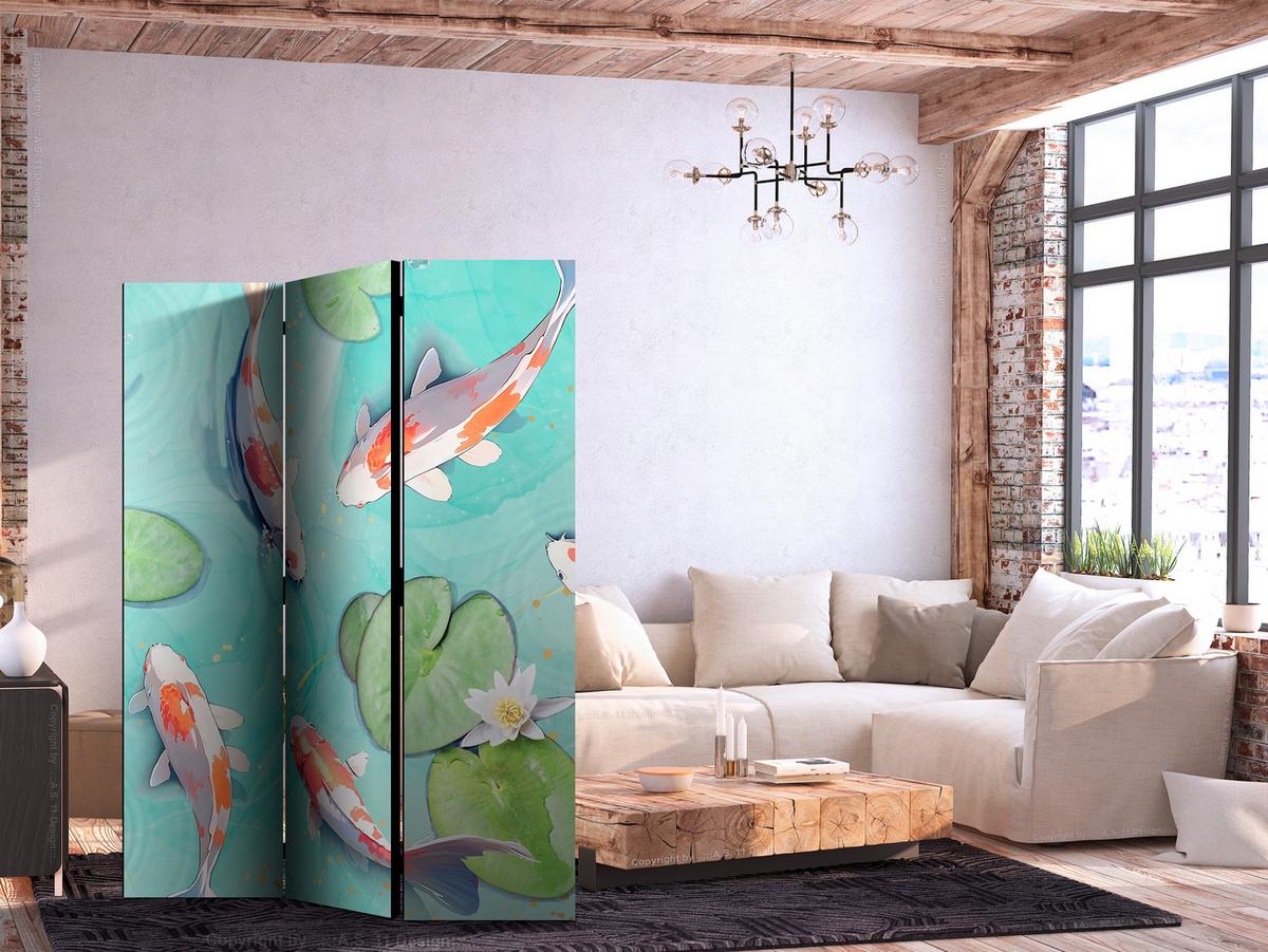 PARAVENT Einseitig Bedruckter 3-tlg 135x172 cm Kois und Blumen - Multicolor, Holz/Textil (135/172/3cm) - Muralo