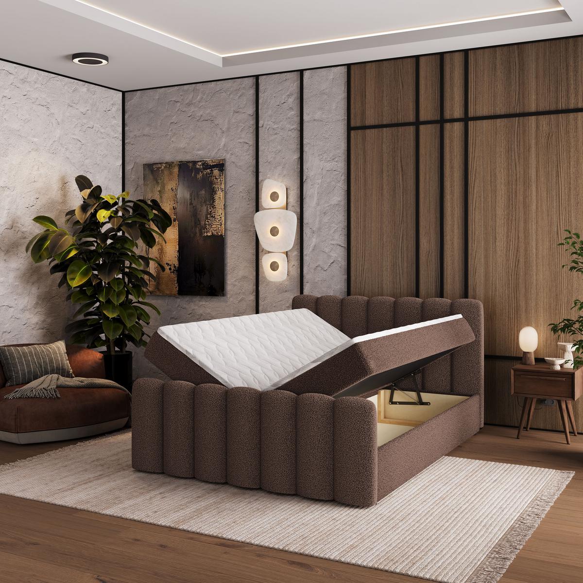 BOXBETT CELLA 180x200 cm mit Matratze und Topper - Braun - Braun, Holz (180/200cm) - MASSENO