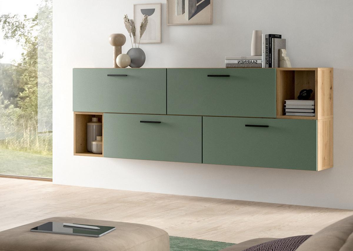 SIDEBOARD grün, Eiche Artisan 176 cm, Kommode hängend / stehend - Schwarz/Eiche Artisan, Holzwerkstoff/Kunststoff (176/65/34cm) - Inn.Furn