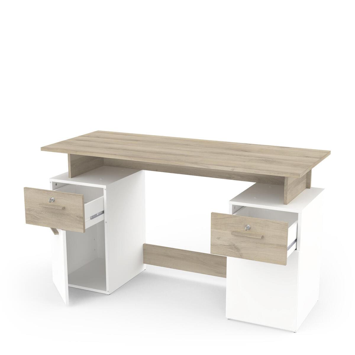 SCHREIBTISCH mit Doppelcontainer, in Holz und Weiß Dekor - L134,8 cm - Platon - Eichefarben/Weiß, Holzwerkstoff (56/55/76.4cm) - Calicosy