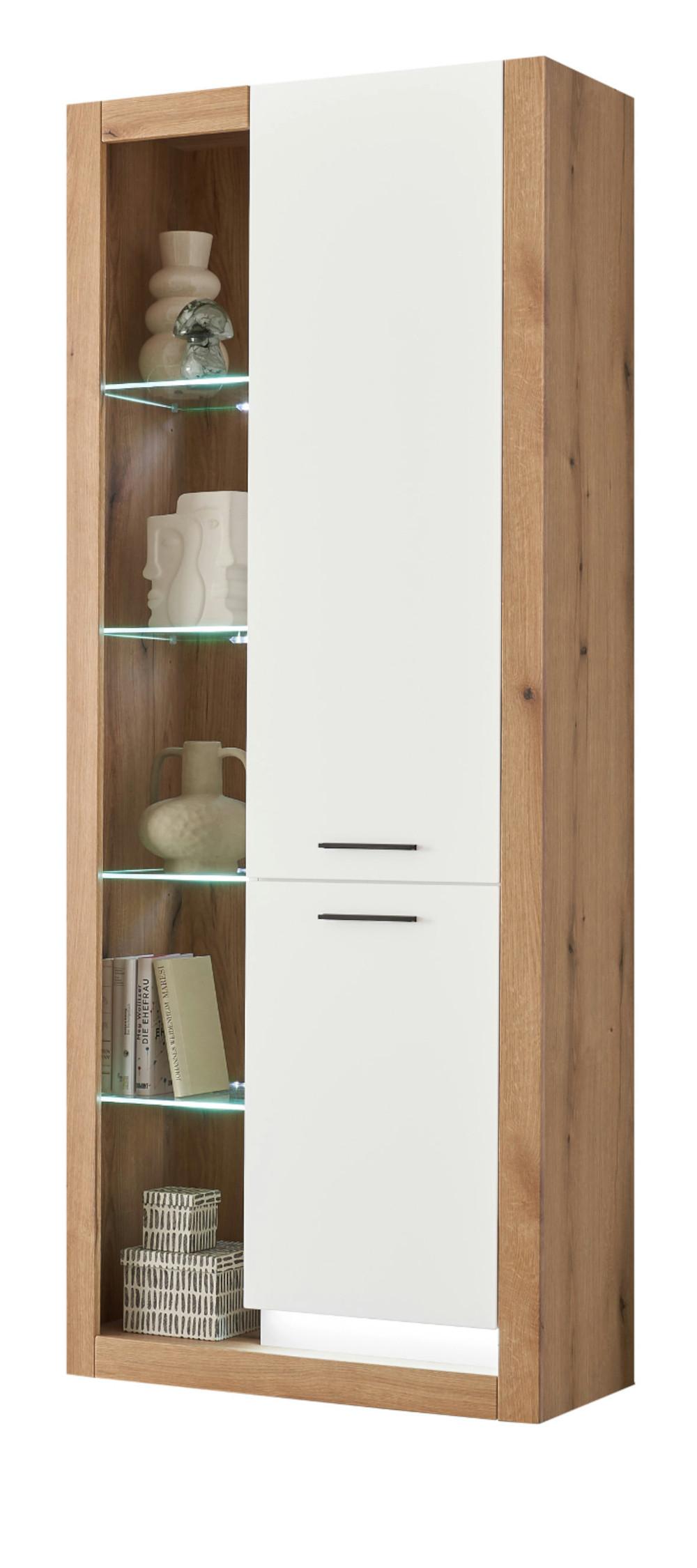 VITRINE weiß matt, Evoke Eiche, Vitrinenschrank 80 x 195 cm - Eichefarben/Silberfarben, Glas/Holzwerkstoff (80/195/37cm) - Furn.Design