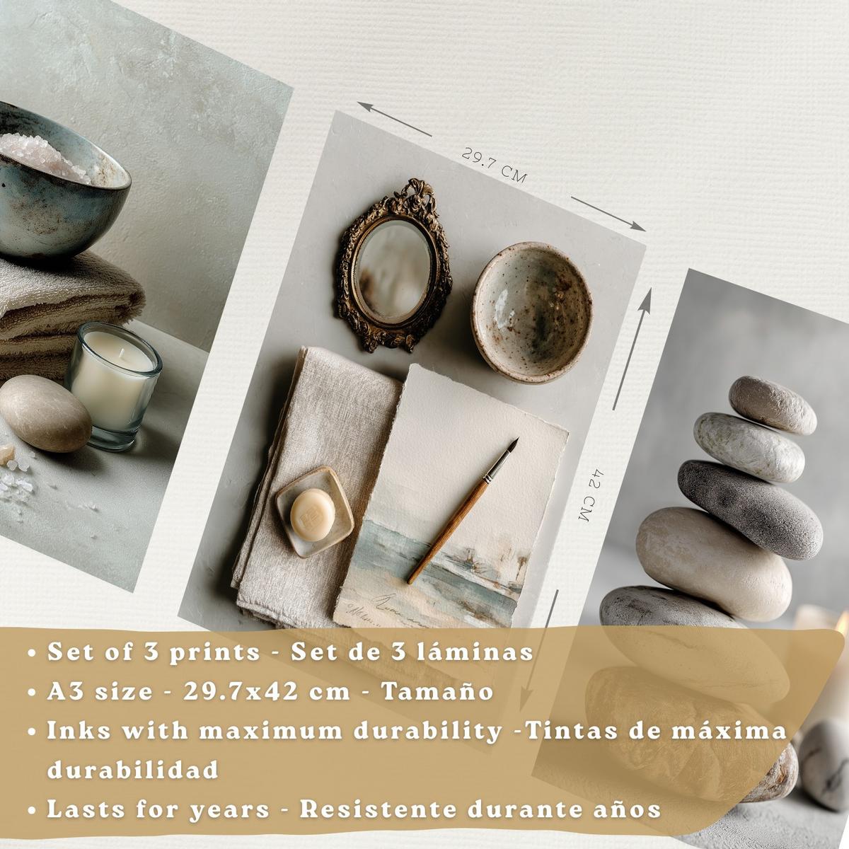 POSTER 3er-Set moderne Badezimmer-Wandposter, Entspannungsposter im Spa-Stil WC mit Steinen, Kerzen und Salzen, Zen-Dekoration Leichter Holzrahmen A3 - Beige, Papier (42/29.7/3cm) - Nacnic