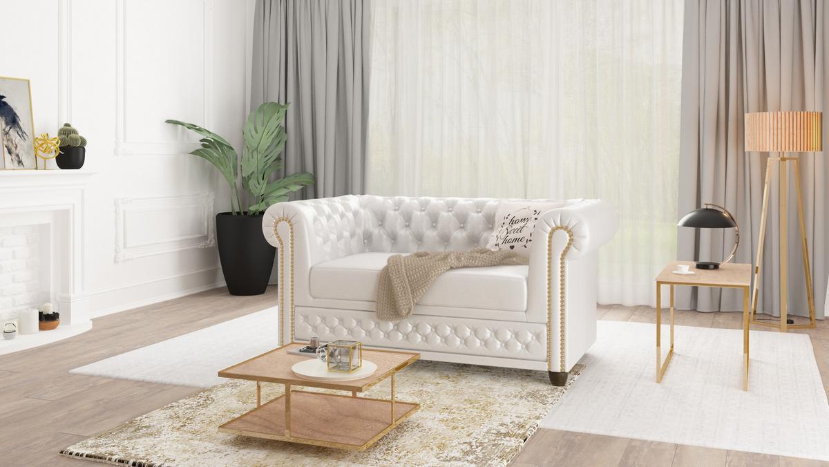 CHESTERFIELD-SOFA 2-sitzer Morin Weiß vegan Leder - Weiß/Braun, Holz/Textil (148/72/86cm) - S-Style Möbel