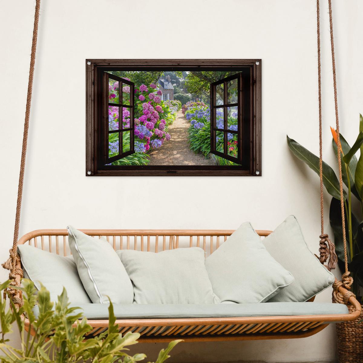 GARTENPOSTER Hortensie - Durchsichtig - Blumen - Lila - Natur - Dunkelbraunes Fenster Gartendeko 90x60 cm - Dunkelbraun, Kunststoff (90/60/0.2cm) - OnlyWow