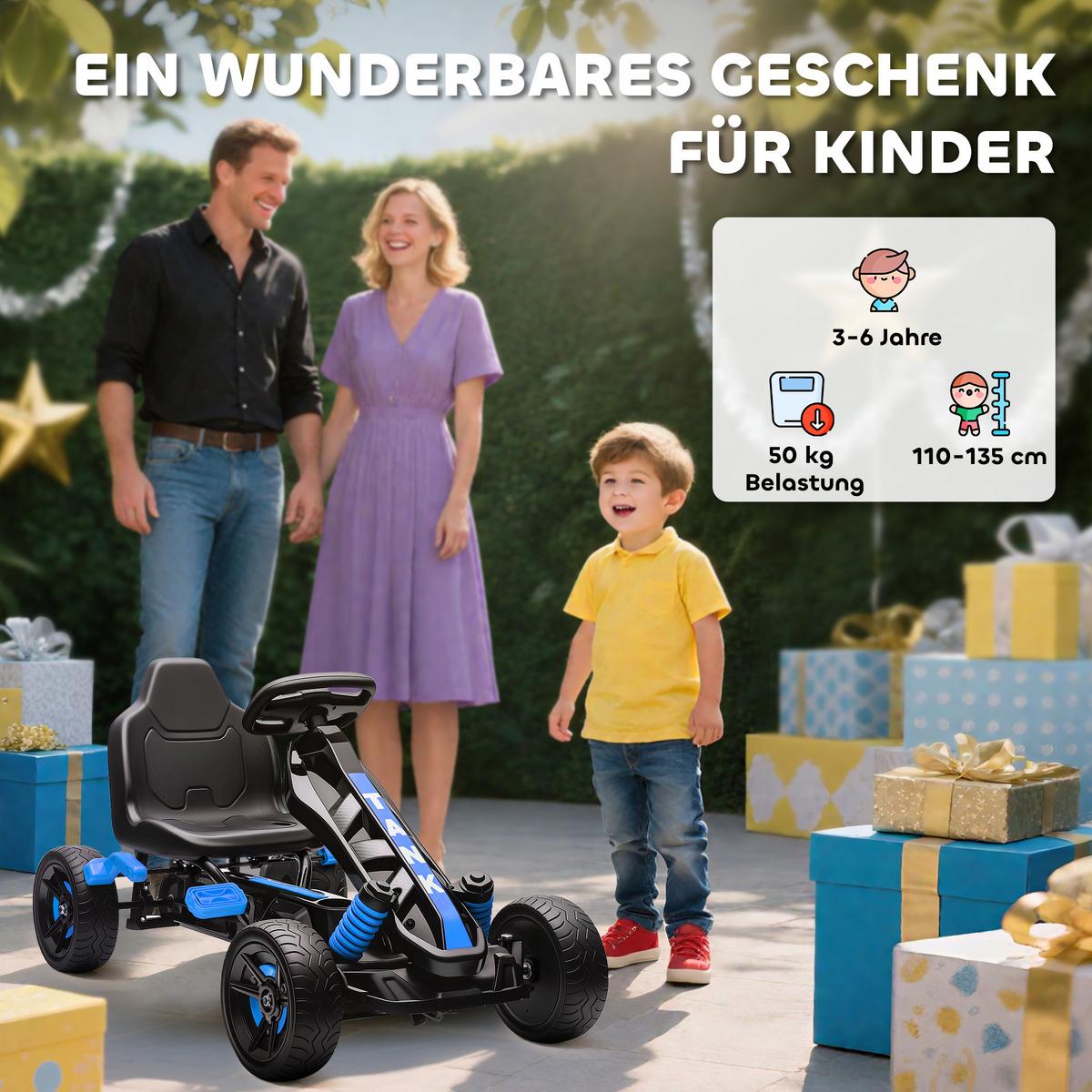 GOKART-TRETAUTO Tretauto mit Handbremse, Automatisches Kupplungssystem, EVA-Räder - Blau, Metall (100/59/60.5cm) - AIYAPLAY