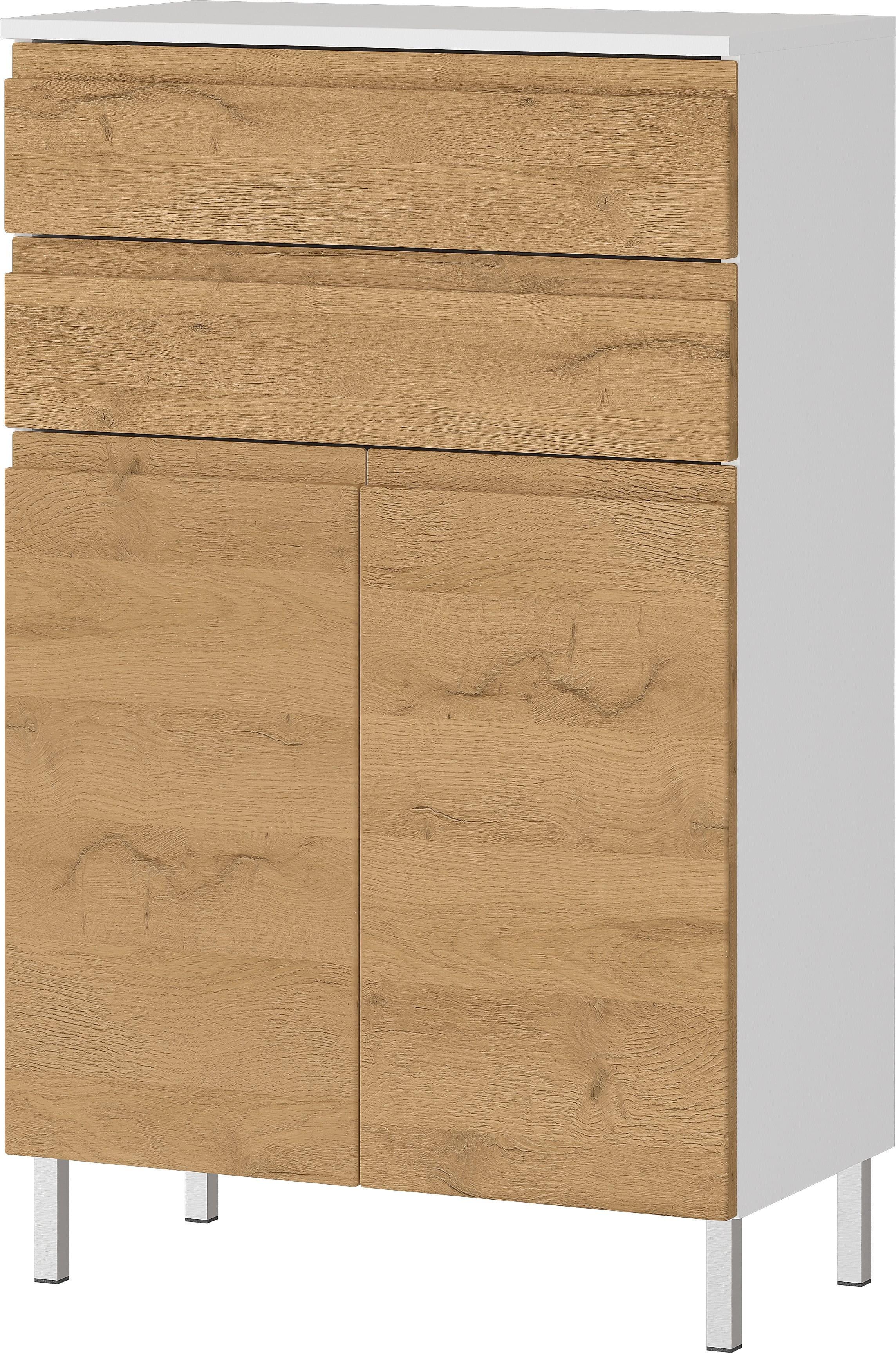 BADSCHRANK Weiß und Eiche Grandson 60x97x34 cm mit Schubladen, Chromfüßen und griffloser Front VEER - Braun, Holz/Metall (60/97/34cm) - KADIMA DESIGN