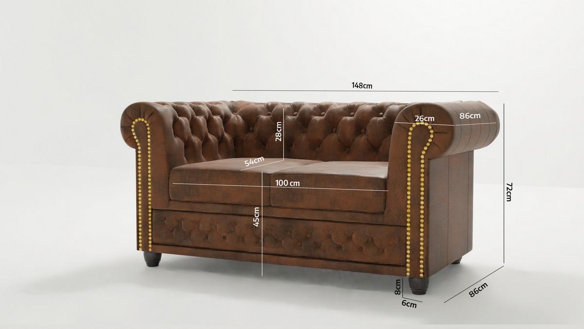 CHESTERFIELD-SOFA 2-sitzer Flux Braun Microfaser Vintageoptik - Braun, Holz/Textil (148/72/86cm) - S-Style Möbel
