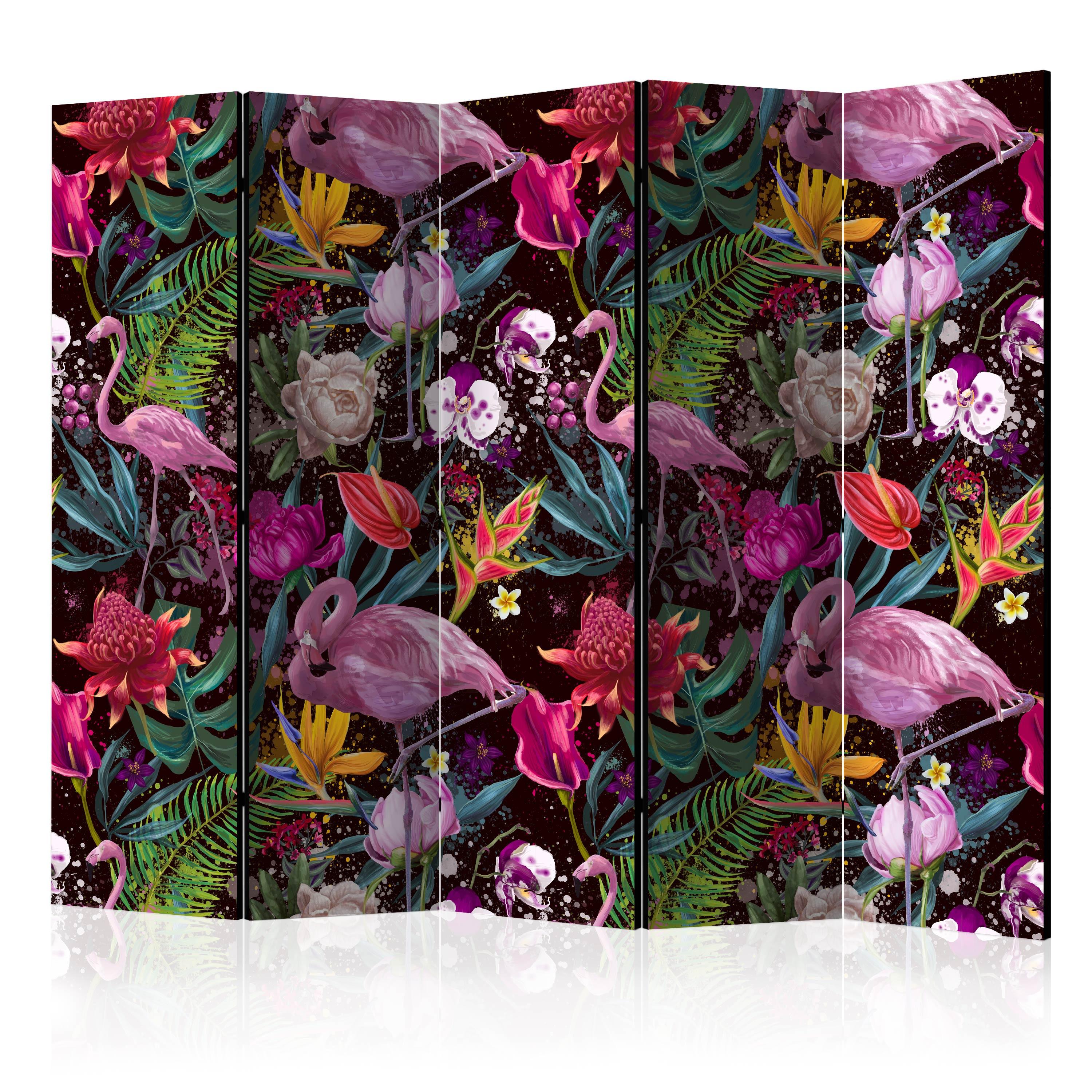 PARAVENT 5-tlg 225x172 cm Flamingos und Exotische Blumen - Multicolor, Holz/Textil (225/172/3cm) - Muralo