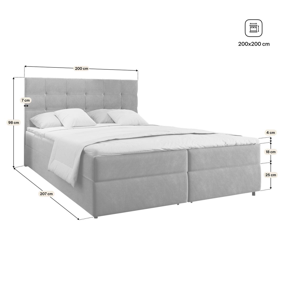 BOXBETT GLOS 200x200 cm mit Matratze und Topper, H2+H3 - Grau - Grau, Holz (200/200cm) - MASSENO