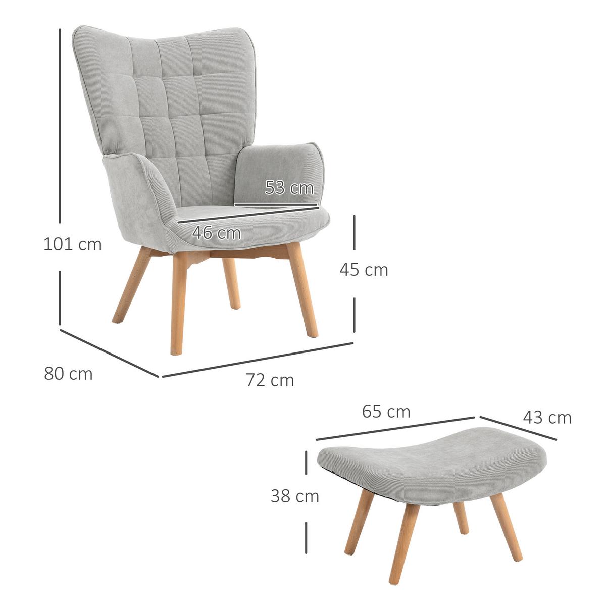 OHRENSESSEL mit Hocker, Relaxsessel, Polstersessel in Cord-Optik, mit Holzbeine - Naturfarben/Grau, Holz/Buchenholz (72/101/80cm) - HOMCOM
