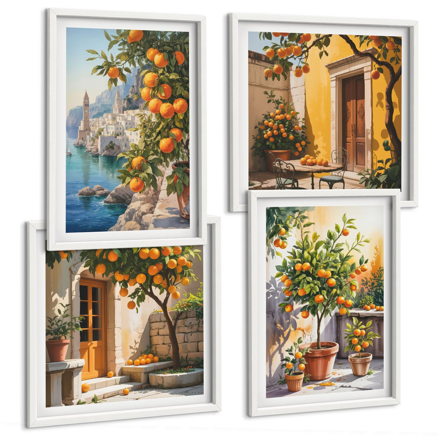 BILDER SET 4er Set - 50x50 cm & 40x60 cm Weißer Rahmen - Gemalte Zitruslandschaften - Weiß, Kunststoff (50/50cm) - TULUP
