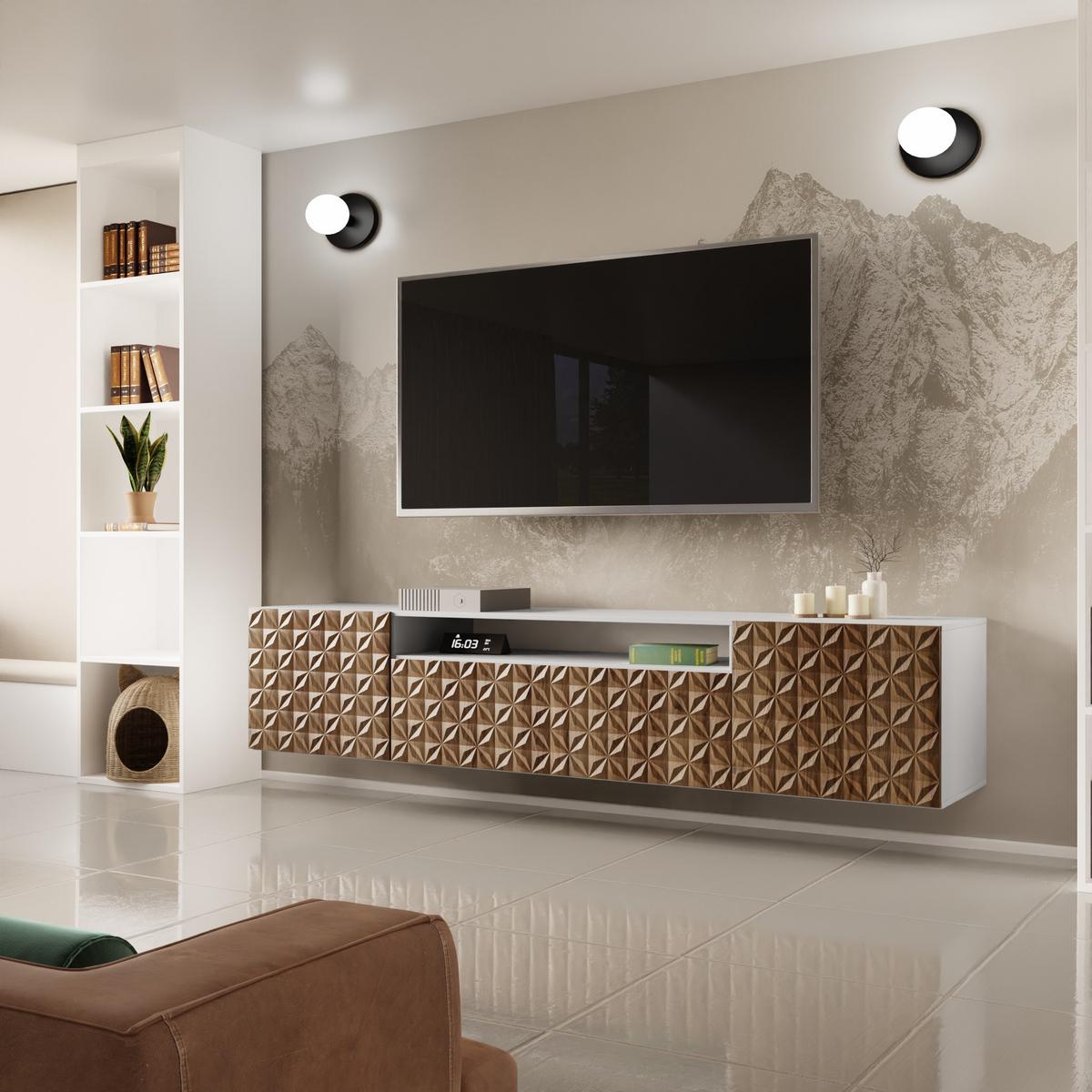 LOWBOARD ROVA 200/41/40 cm, Hängender TV-Schrank Weiß / Eichefarben - Eichefarben/Braun, Holzwerkstoff (200/41/40cm) - MASSENO