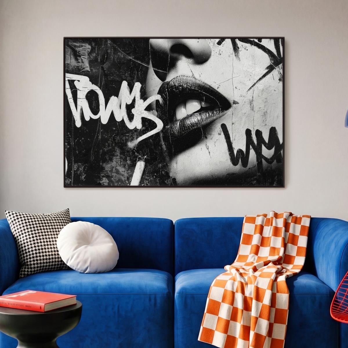 LEINWAND Bilder mit Rahmen - Gesicht - Mund - Graffiti - Schwarz - 90x60 - Schwarz, Textil (90/60cm) - MuchoWow
