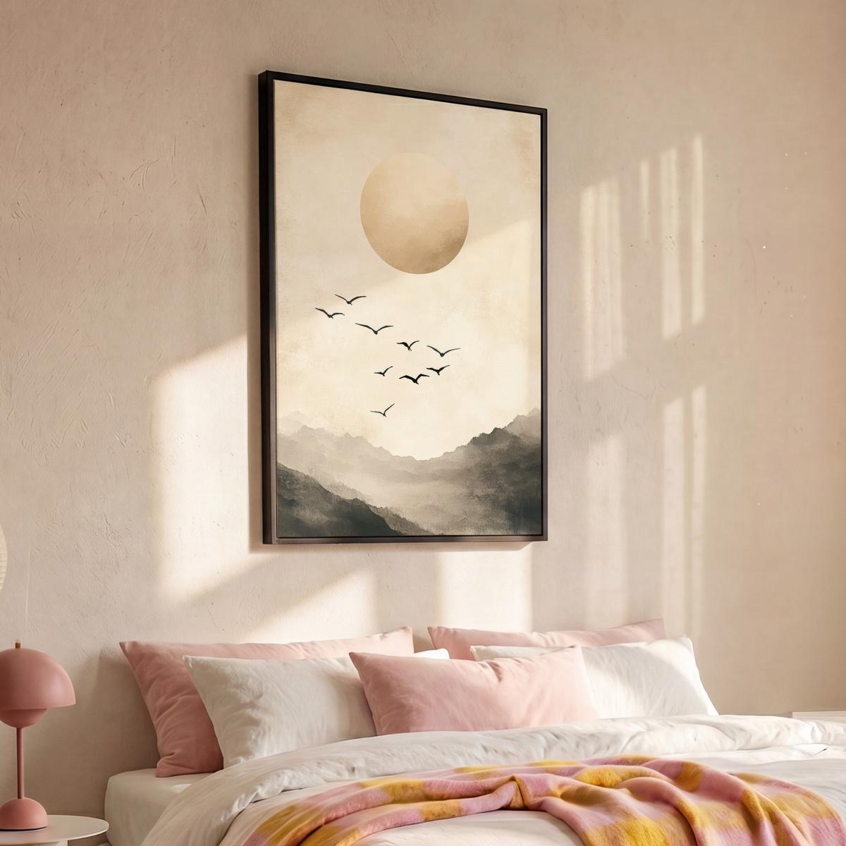 LEINWAND Bilder mit Rahmen - Landschaft - Japandi - Vogel - 80x120 - Beige, Textil (80/120cm) - MuchoWow