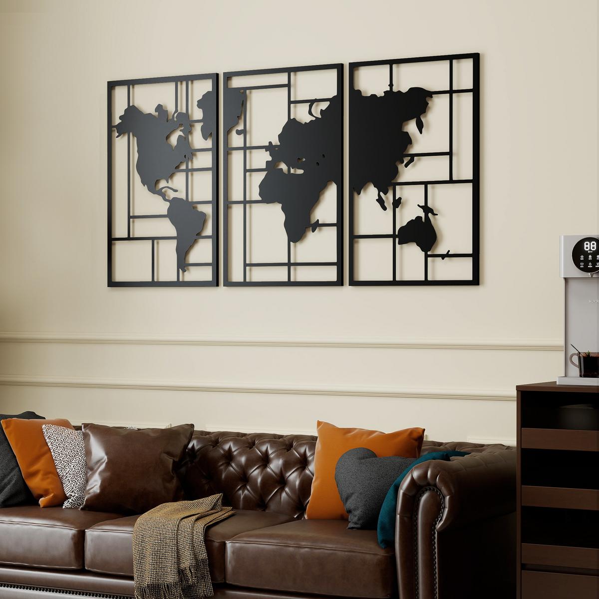 WANDDEKO Weltkarten Design, 50/80 cm - Schwarz, Metall (1.9/80/150cm) - HOMCOM
