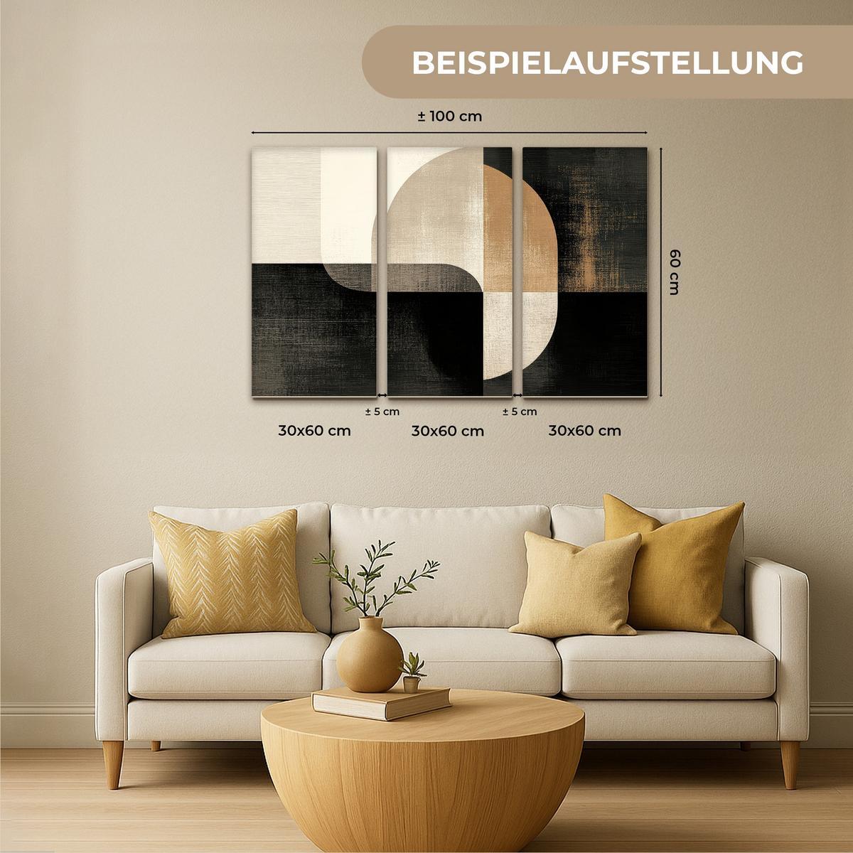 LEINWANDBILD 3er Set Formen - Abstrakt - Gold 90x60 cm - Schwarz, Textil (90/60cm) - MuchoWow