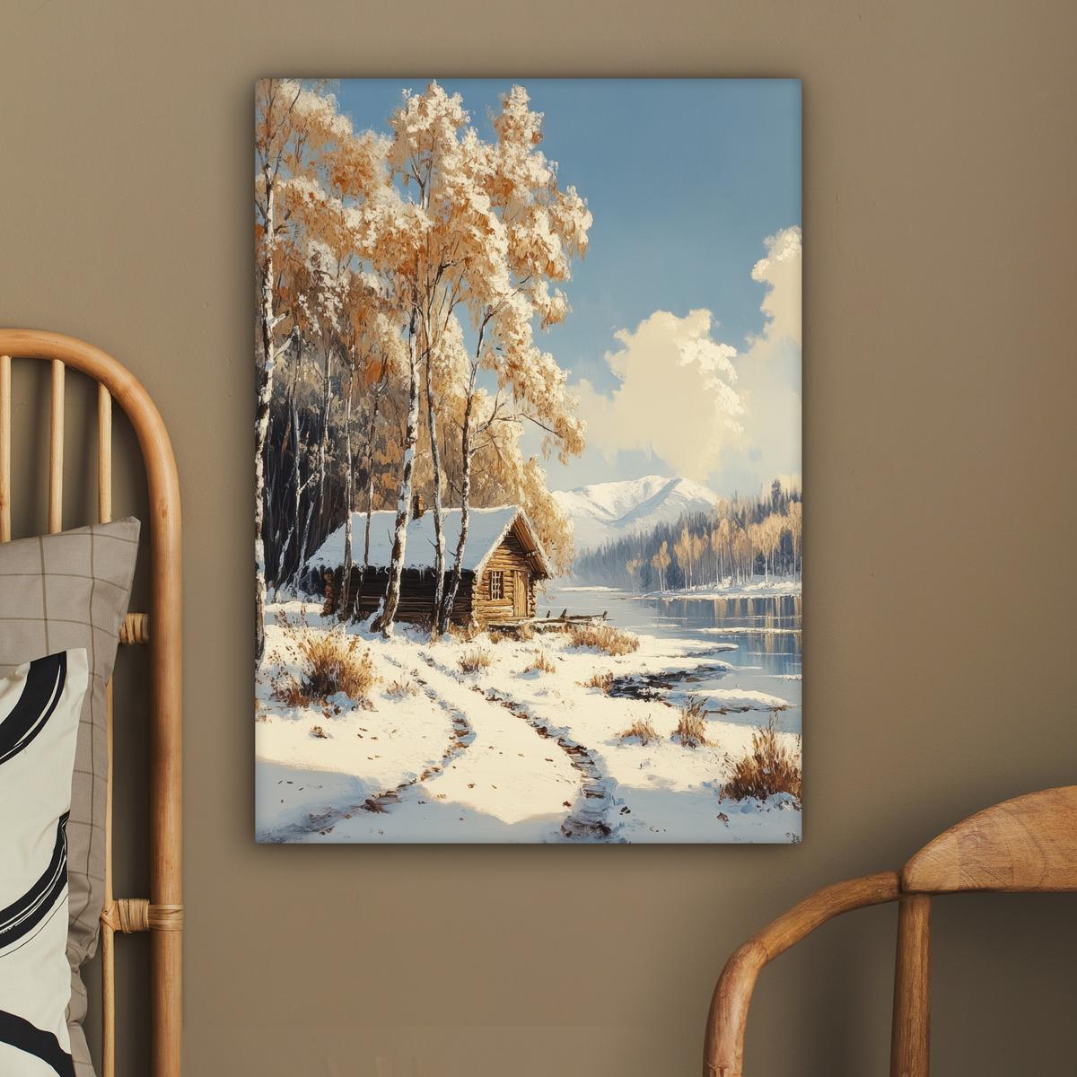 LEINWANDBILD Winter - Schnee - Zuhause - Natur Wandbild Wohnzimmer 60x80 cm - Hellbraun, Textil (60/80cm) - MuchoWow