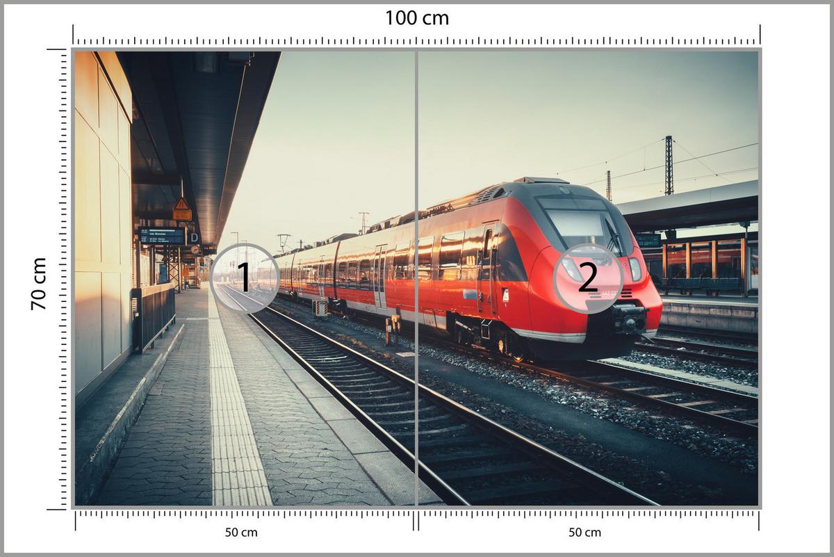 FOTOTAPETE für Wohnzimmer Moderner Roter Zug Bahnhof Geleise 100x70 - Rot/Braun, Papier (100/70cm) - Muralo