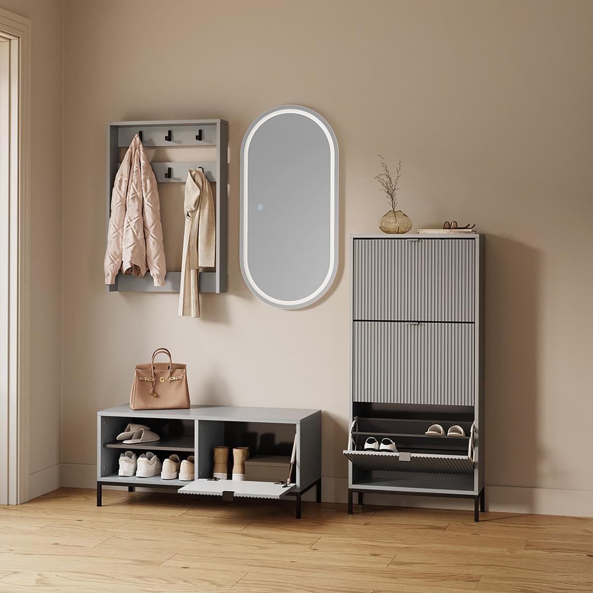 SCHUHKIPPER Aterno Grau 60 x 130 cm mit 3 Klappschubladen - Grau, Holzwerkstoff (60/130/24cm) - Livinity®