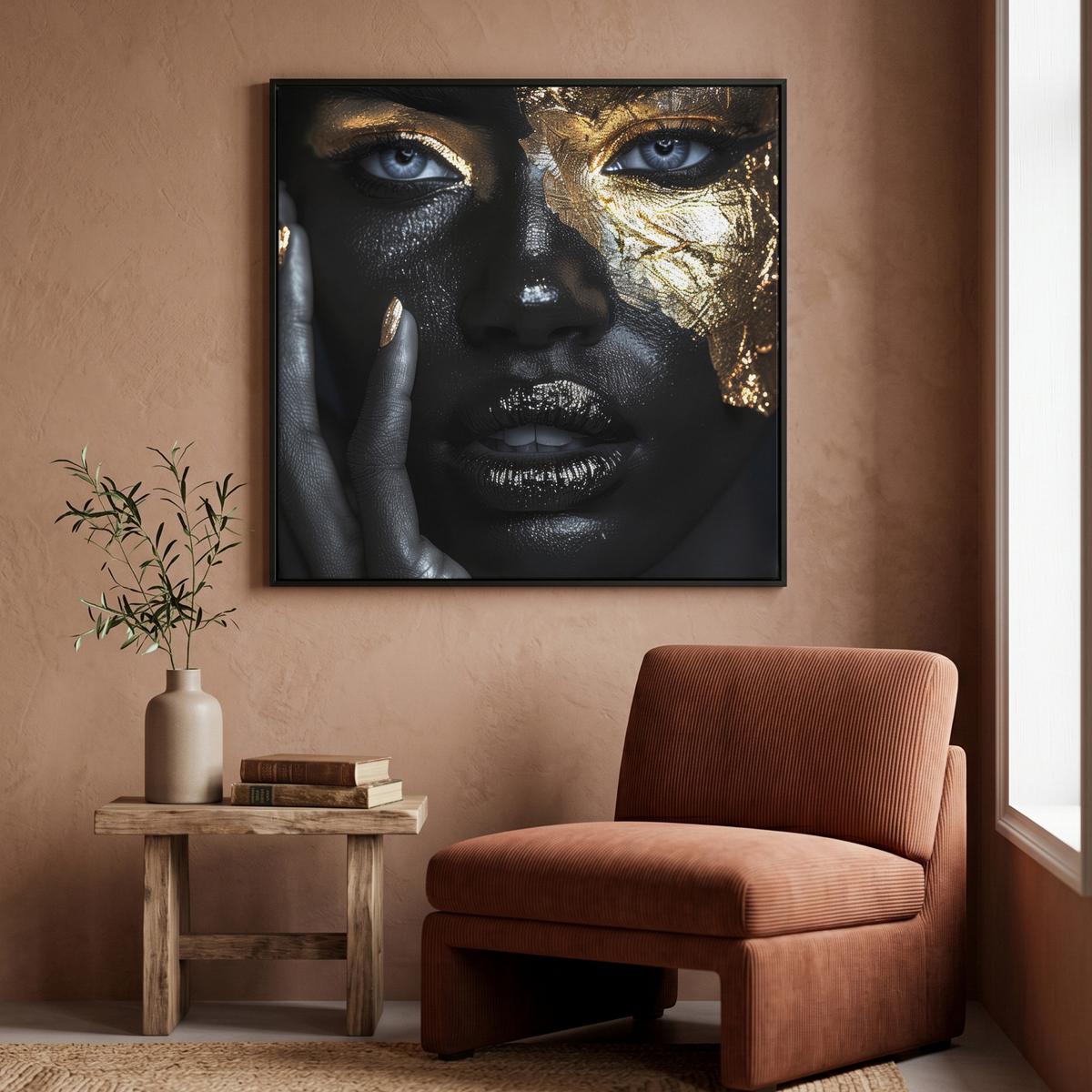 LEINWAND Bilder mit Rahmen - Frau - Gold - Porträt - Schwarz-Weiß - Luxus - 90x90 - Hellblau, Textil (90/90cm) - MuchoWow