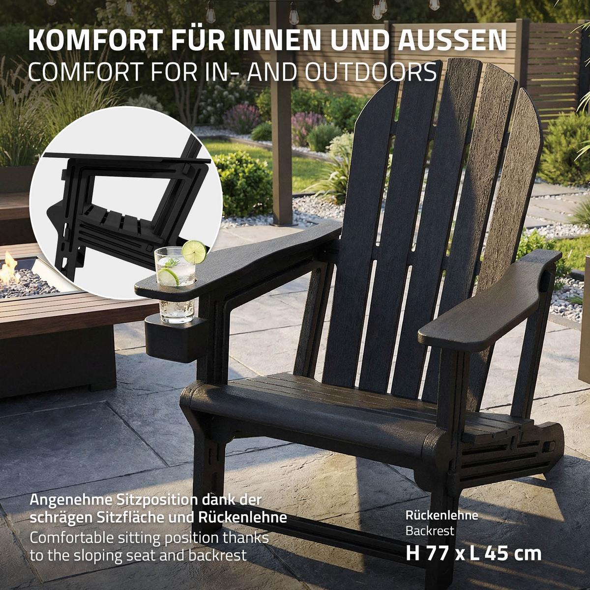 ADIRONDACK LOUNGESTUHL mit Getränkehalter Schwarz aus Kunststoff - Schwarz, Kunststoff (54.5/91/76cm) - ML-DESIGN