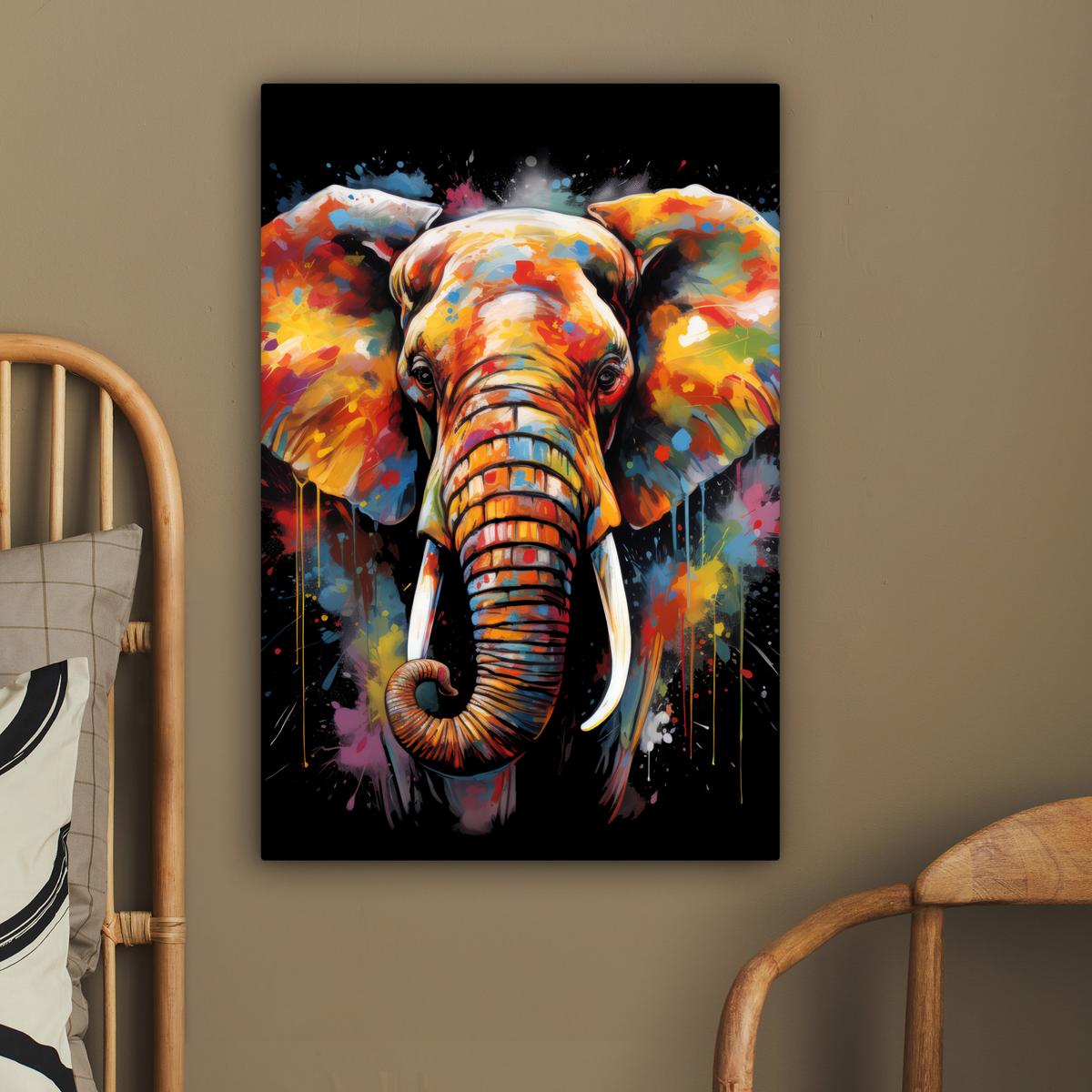 LEINWANDBILD Elefant - Graffiti - Schwarz - Tiere - Farben Wanddeko 40x60 cm - Schwarz, Textil (40/60cm) - MuchoWow