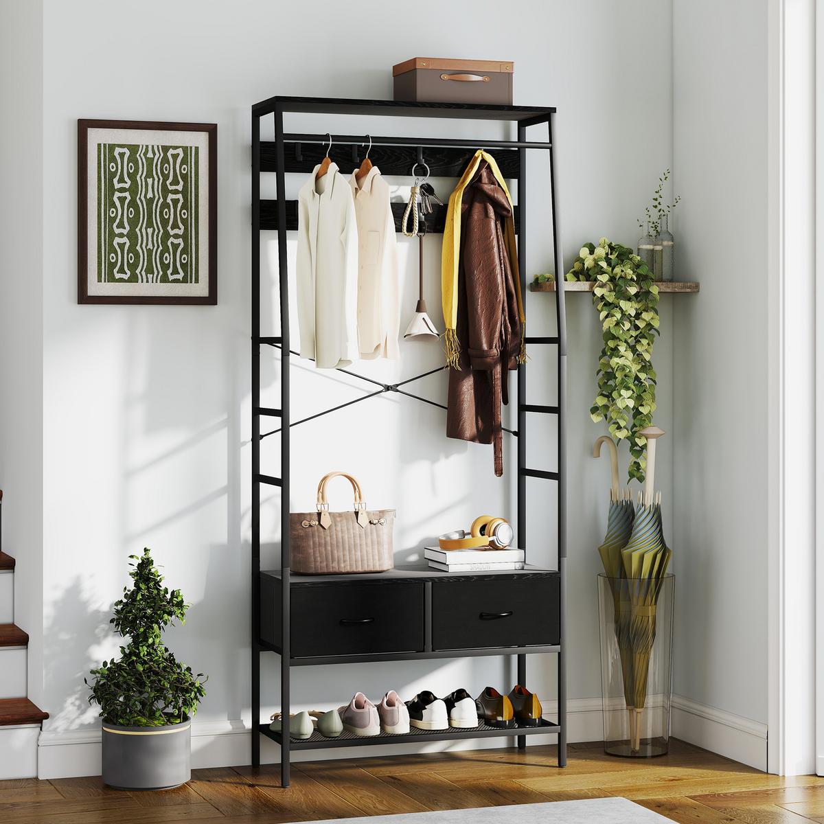 GARDEROBENSTÄNDER, Kleiderständer mit Schuhregal, 2 Schubladen, Garderobe - Schwarz, Holzwerkstoff (30/180.5/80cm) - HOMCOM