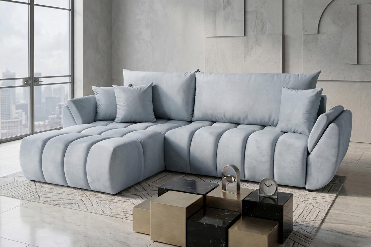 ECKSOFA Iris mit Schlaffunktion und Bettkasten, links oder rechts montierbar – Hellgrau Samt 280/184/85 cm - Hellgrau/Schwarz, Kunststoff/Textil (280/184cm) - WFL GROUP
