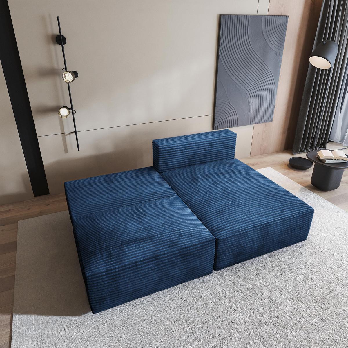 ECKSOFA FIORO Blau Kordstoff mit Schlaffunktion - Blau, Holz (204/148cm) - MASSENO