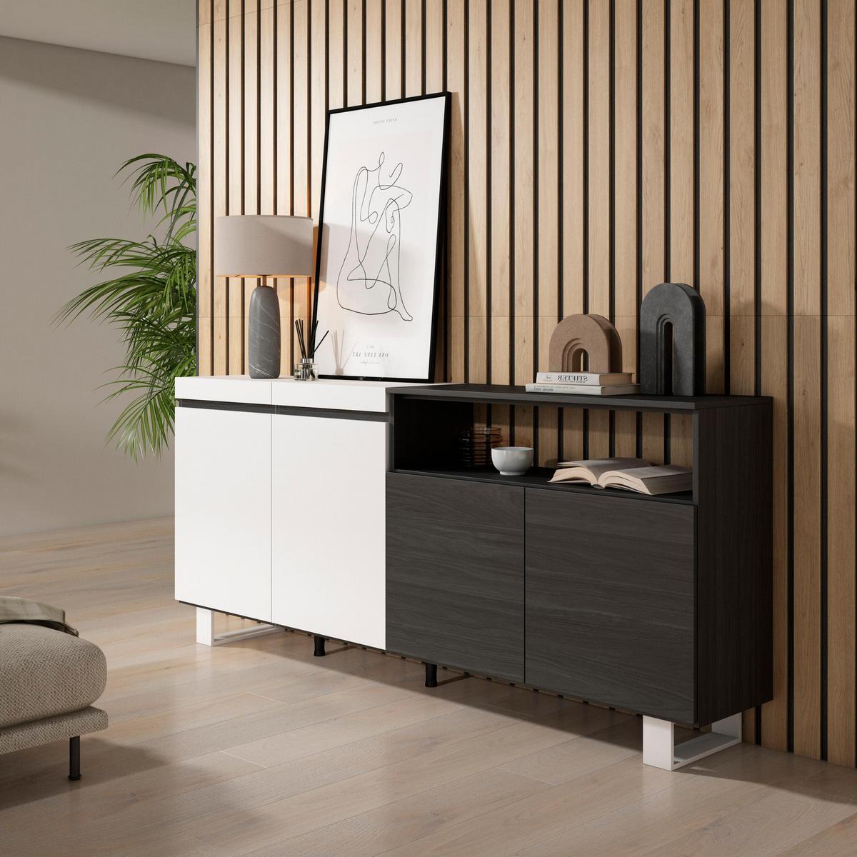 SIDEBOARD weiß und schwarz, 200/35/87cm - Multicolor/Schwarz, Holzwerkstoff (200/87/35cm) - Skraut Home