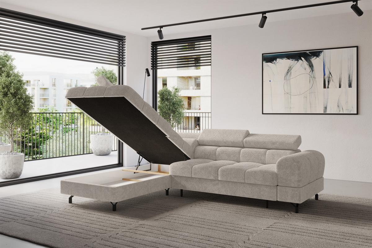 ECKSOFA mit Schlaffunktion Ottomane Links LUMA-L 272x203x70 Beige Velours - Beige/Schwarz, Holzwerkstoff/Kunststoff (272/203cm) - ALTDECOR