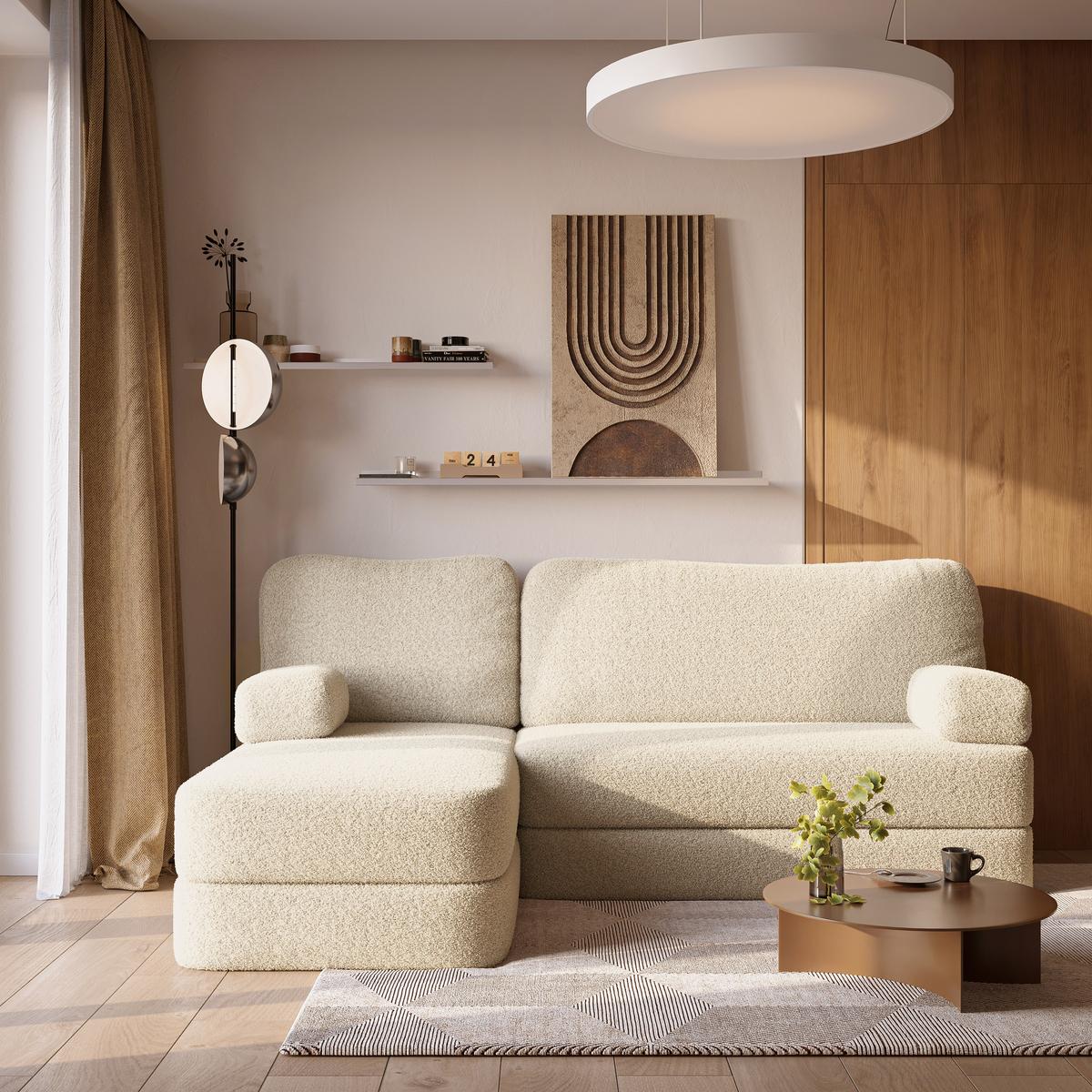 ECKSOFA SABI modulares Boneless Sofa mit Schlaffunktion Creme Boucle-Stoff - Creme, Textil (200/120cm) - MASSENO