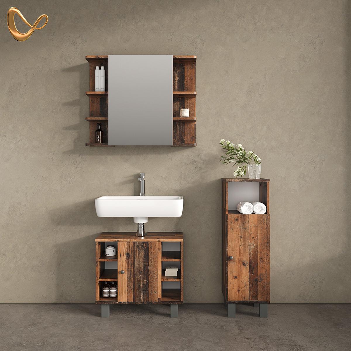 BADMÖBEL-SET Fucino Eiche rustikal 3 Teile, mit Midischrank - Wildeiche, Holzwerkstoff (60/54/32cm) - Livinity®