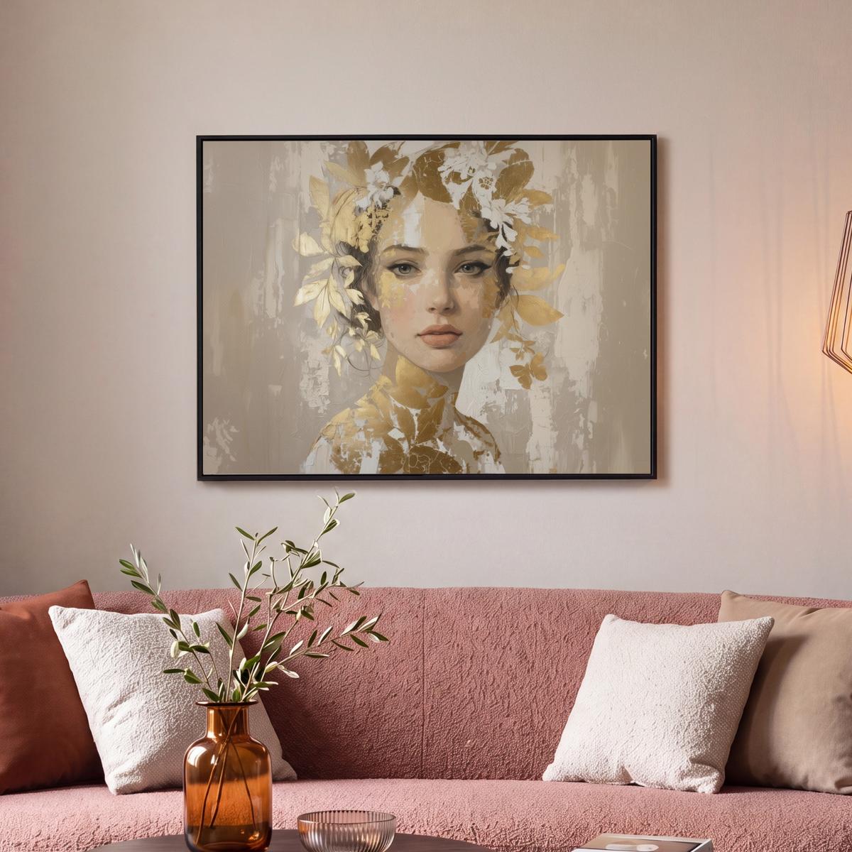 LEINWAND Bilder mit Rahmen - Gesicht - Frau - Blätter - Gold - 70x50 - Beige, Textil (70/50cm) - MuchoWow