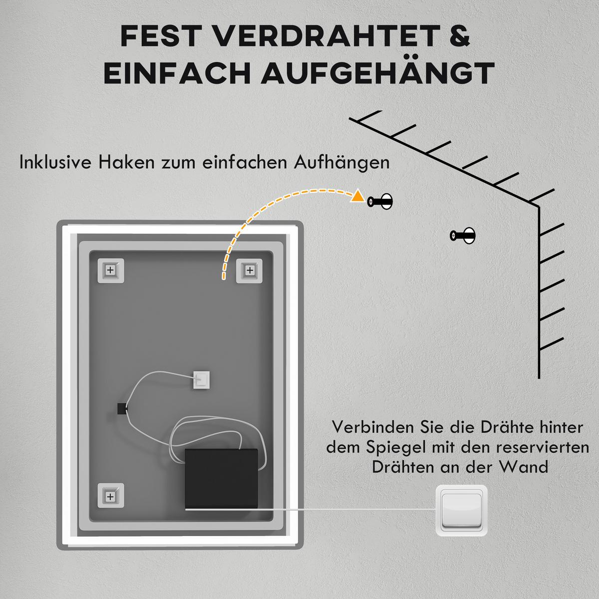 BADSPIEGEL, mit Touchschalter, Memory-Funktion, beschlagfrei, Wasserdicht - Silberfarben, Glas (60/4/80cm) - HOMCOM