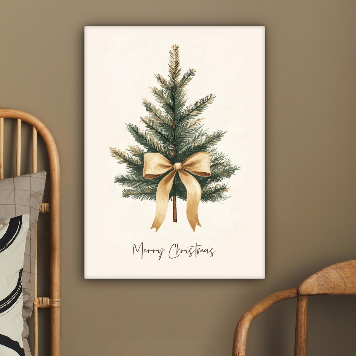 LEINWANDBILD Weihnachtsbaum - Weihnachten - Frohe Weihnachten - Beige Wandbild Wohnzimmer 60x80 cm - Sandfarben, Textil (60/80cm) - MuchoWow