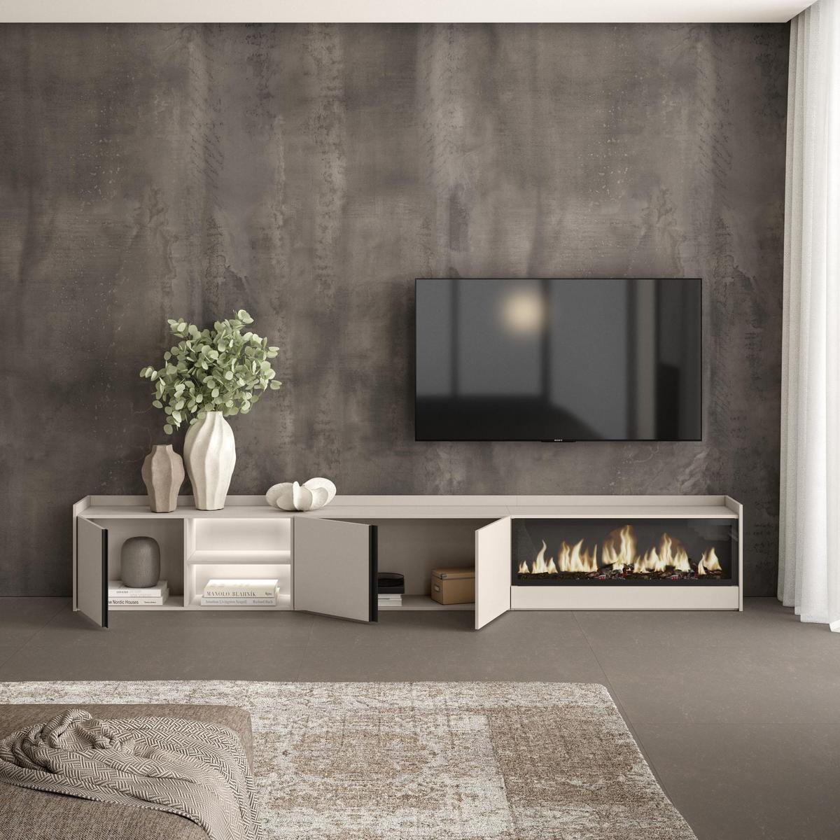 LOWBOARD, Beige, 315/35/50cm, Kamin mit Feuereffekt XXL - Beige, Holzwerkstoff (315/50/35cm) - Skraut Home