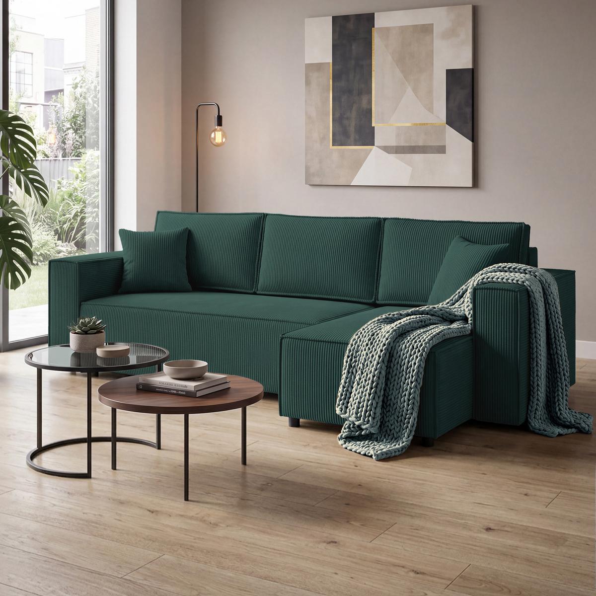 ECKSCHLAFSOFA Neapol mit Bettkasten, 255 cm, Cord-Stoff, Grün - Schwarz/Grün, Textil (256/148cm) - Beautysofa