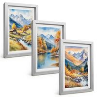 BILDER SET 3er Set - 20x30 cm Silberner Rahmen - Herbstliche Berge, Flusshäuser - Silberfarben, Kunststoff (20/30cm) - TULUP