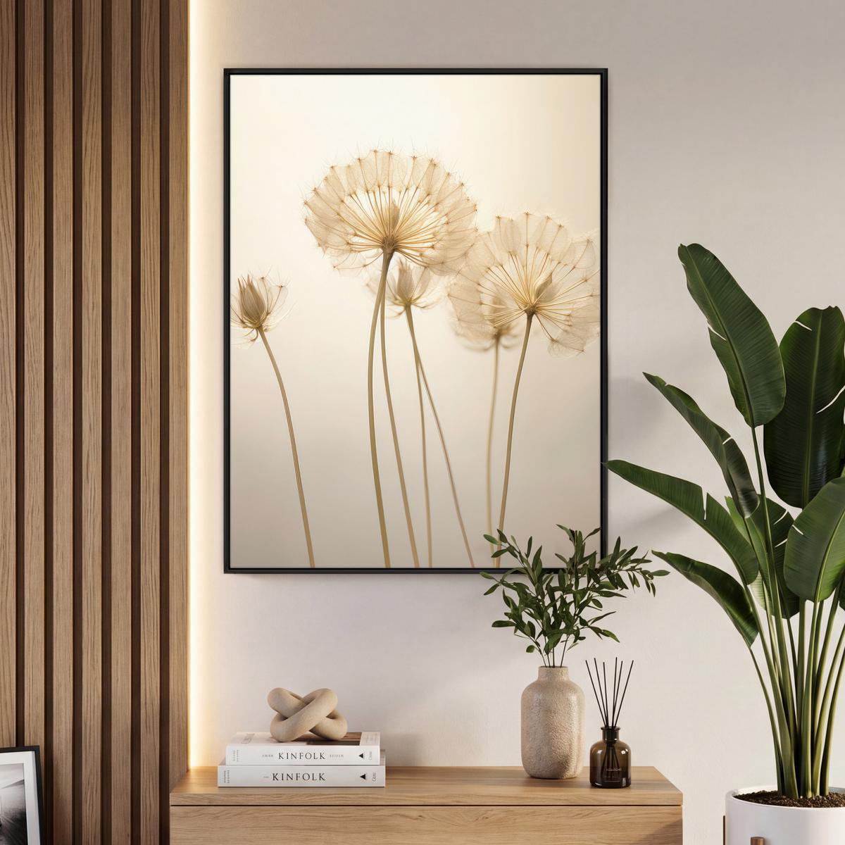 LEINWAND Bilder mit Rahmen - Sonnenlicht - Löwenzahn - Botanisch - Blumen - 70x100 - Creme, Textil (70/100cm) - MuchoWow