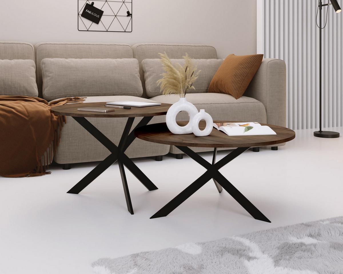 COUCHTISCH-SET Lev 2er-Set rund, Lefkas Eiche 75/36, 58/42 - Alteiche/Schwarz, Holzwerkstoff/Metall (75/75/42cm) - WFL GROUP