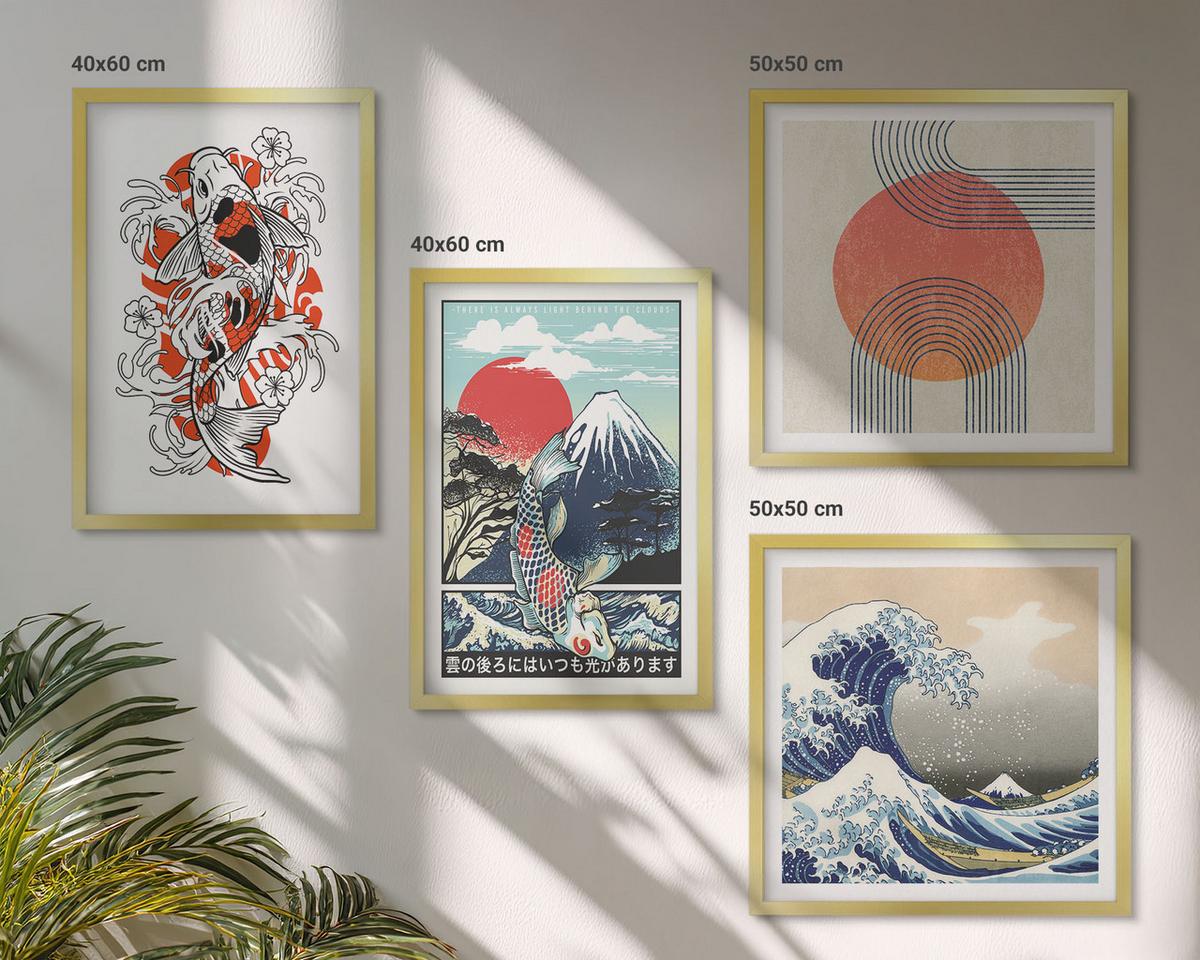 BILDER SET 4er Set - 50x50 cm & 40x60 cm Goldrahmen - Illustrationen von Fischbergen, die sich in Japan ausbreiten - Goldfarben, Kunststoff (50/50cm) - TULUP