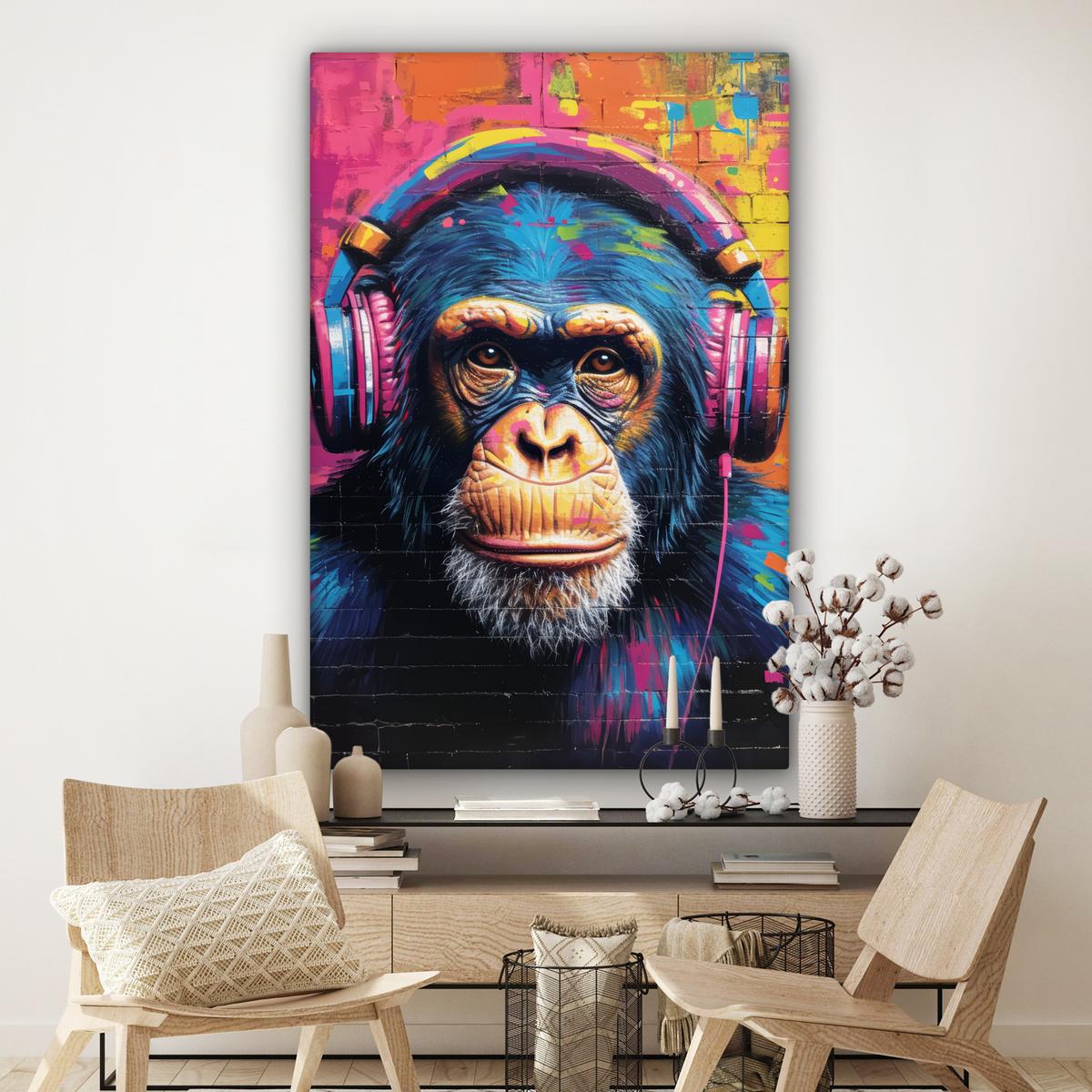 LEINWANDBILD Graffiti - Schimpanse - Straßenkunst - Kopfhörer - Affe Deko Groß 90x140 cm - Blau, Textil (90/140cm) - MuchoWow